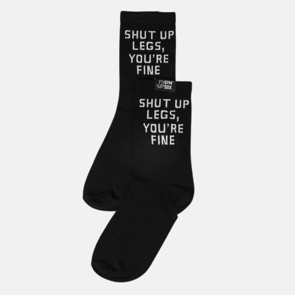 Black socks with white text on a light gray background