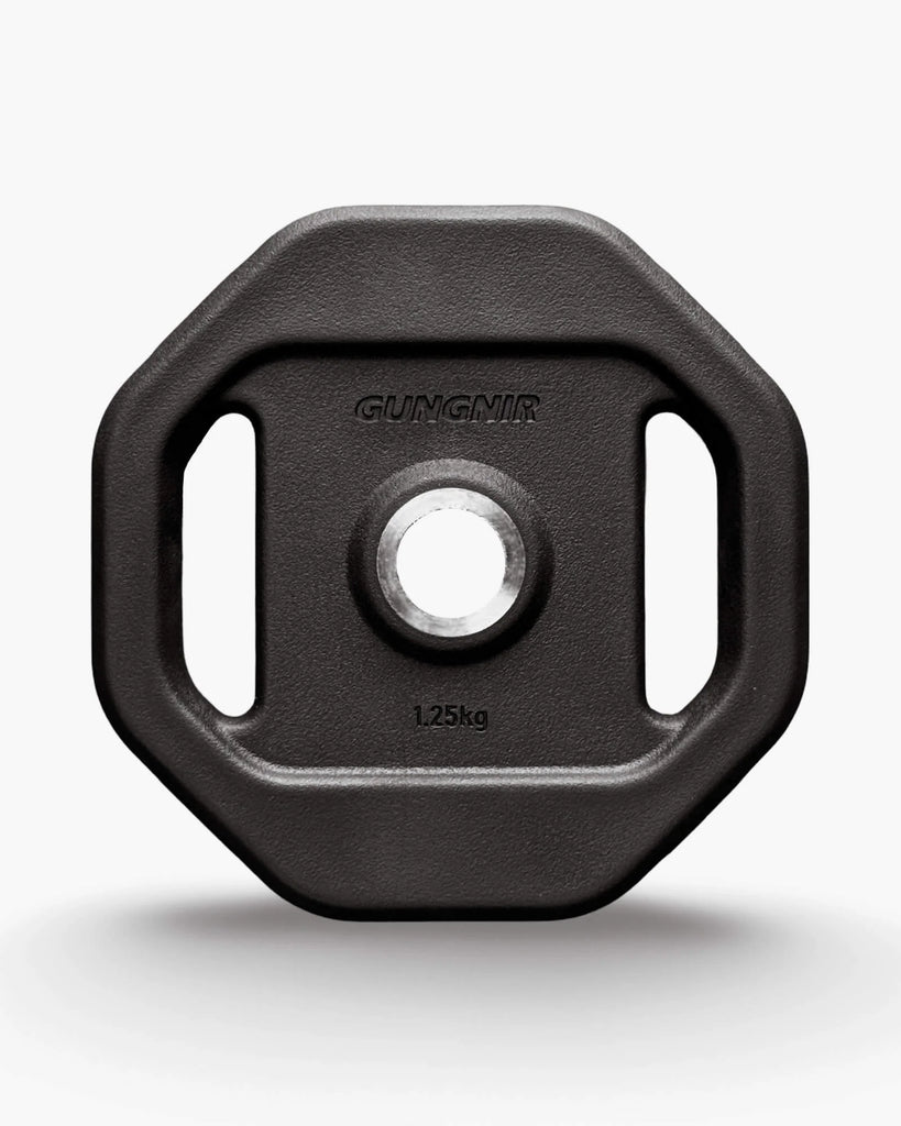 A black cast iron dumbbell plate with octagonal shape, two side handles, and a central metal mounting hole. The brand name 'GUNGNIR' is embossed on the top surface, and '1.