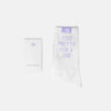 White socks with purple text on a white background