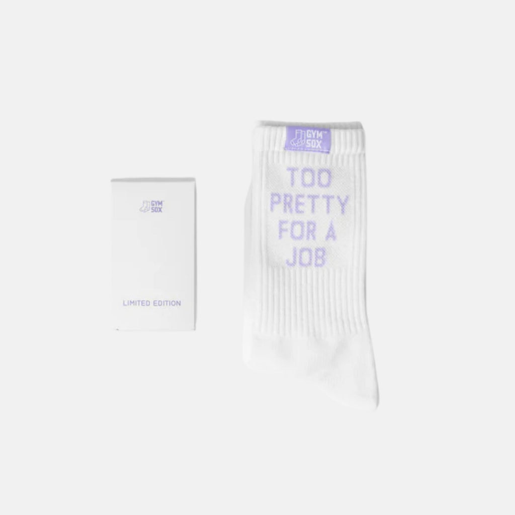 White socks with purple text on a white background