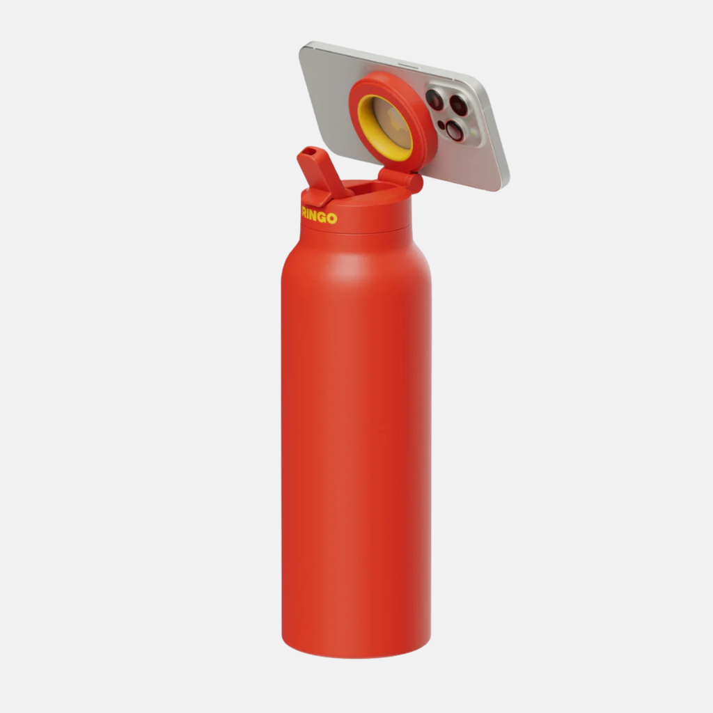 Orange Ringo 0.7L water bottle with magnetic phone holder and straw lid.