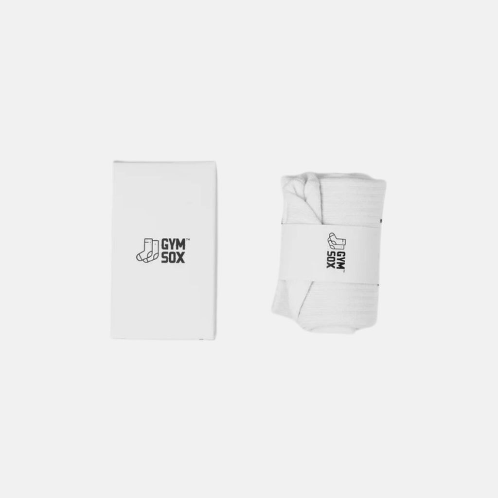 White gym socks with 'Gym Sox' logo on a white background