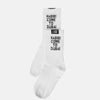 White socks with black text 'HABIBI COME TO DUBAI' on a white background