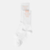 White socks with 'PEACH DAY' text on a white background