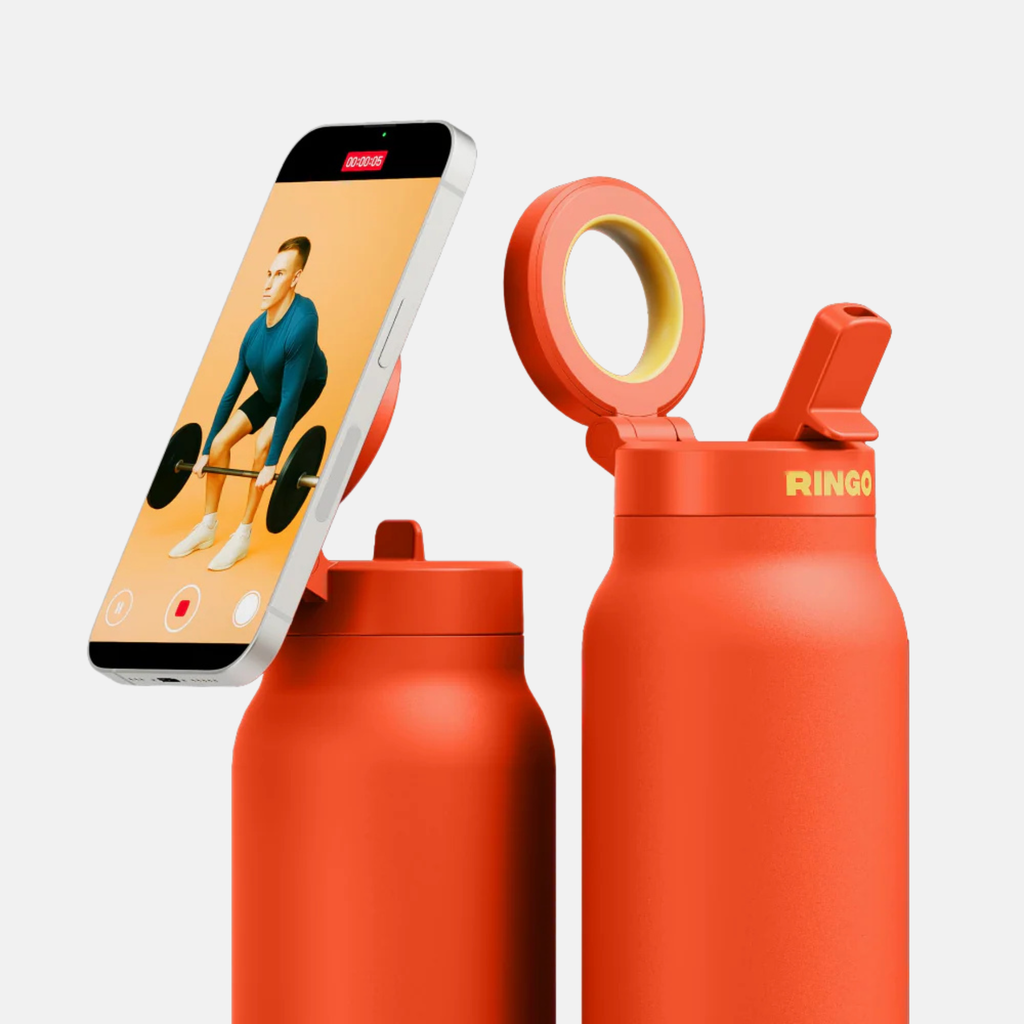 Two orange Ringo water bottles, one holding a phone displaying a workout, the other open.