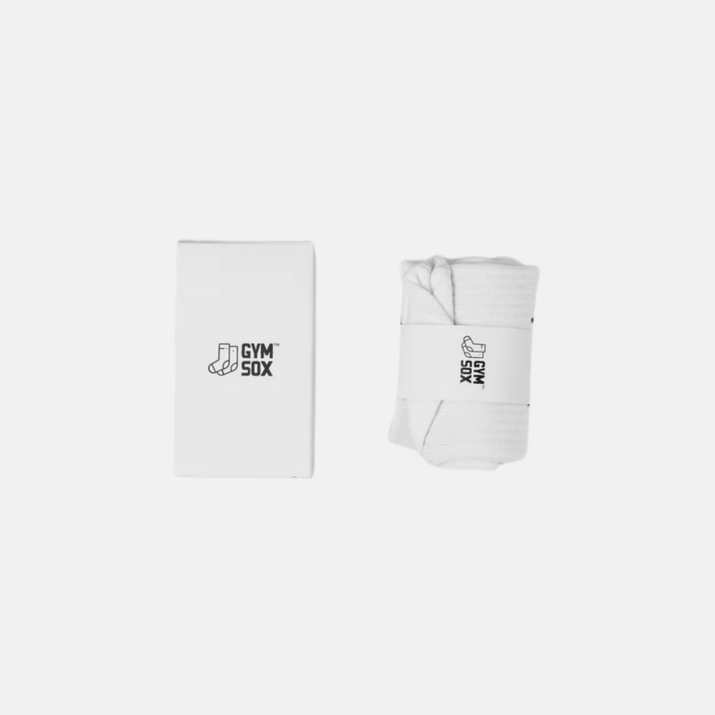 White gym socks with 'Gym Sox' logo on a white background