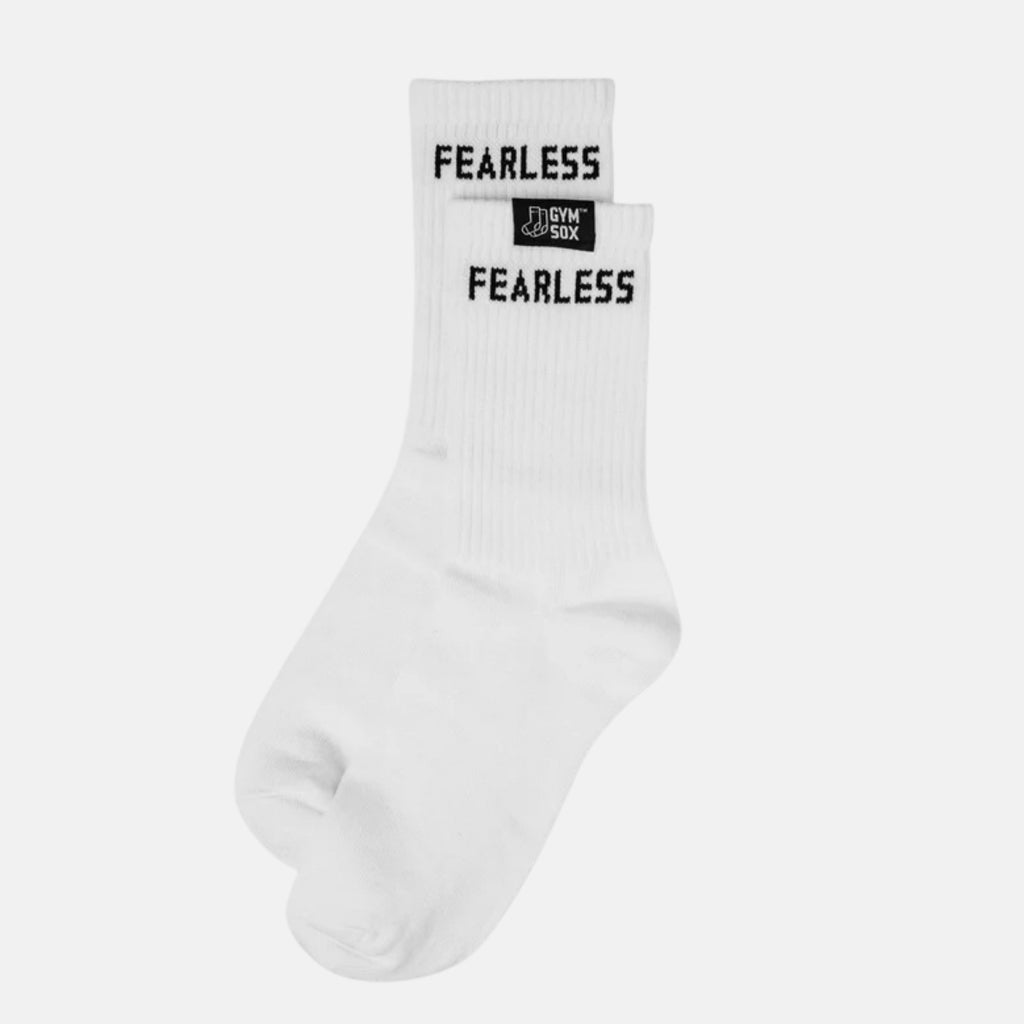 White sock with 'FEARLESS' text on a white background