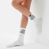 White socks with text on a white background