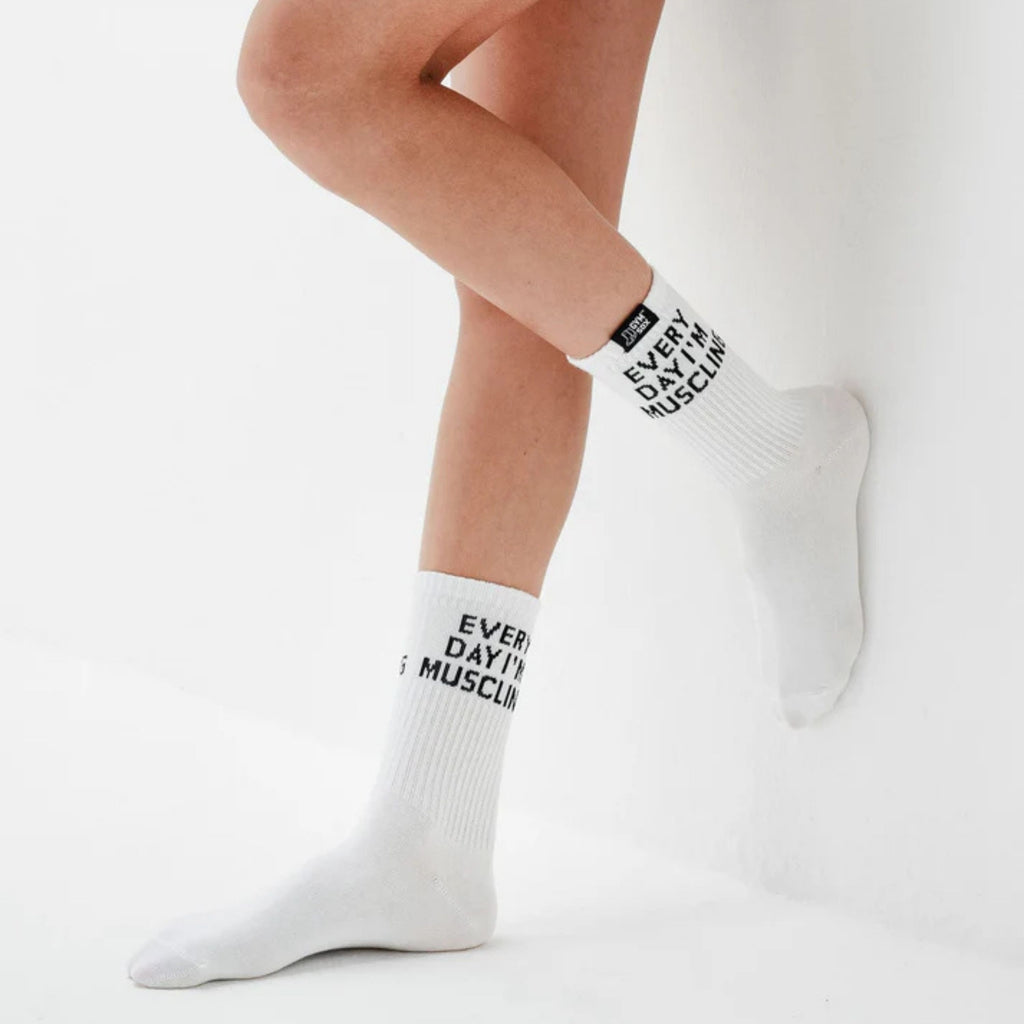 White socks with text on a white background