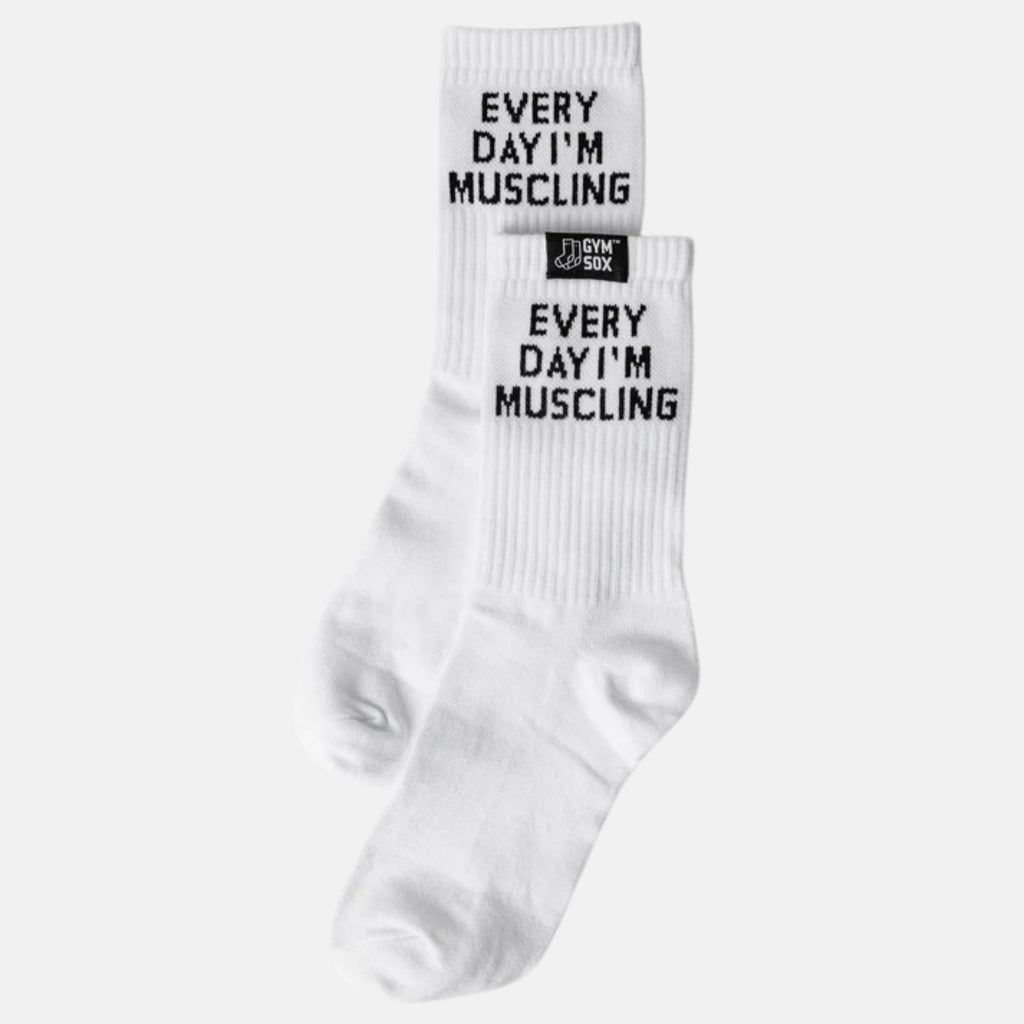 White socks with black text on a white background