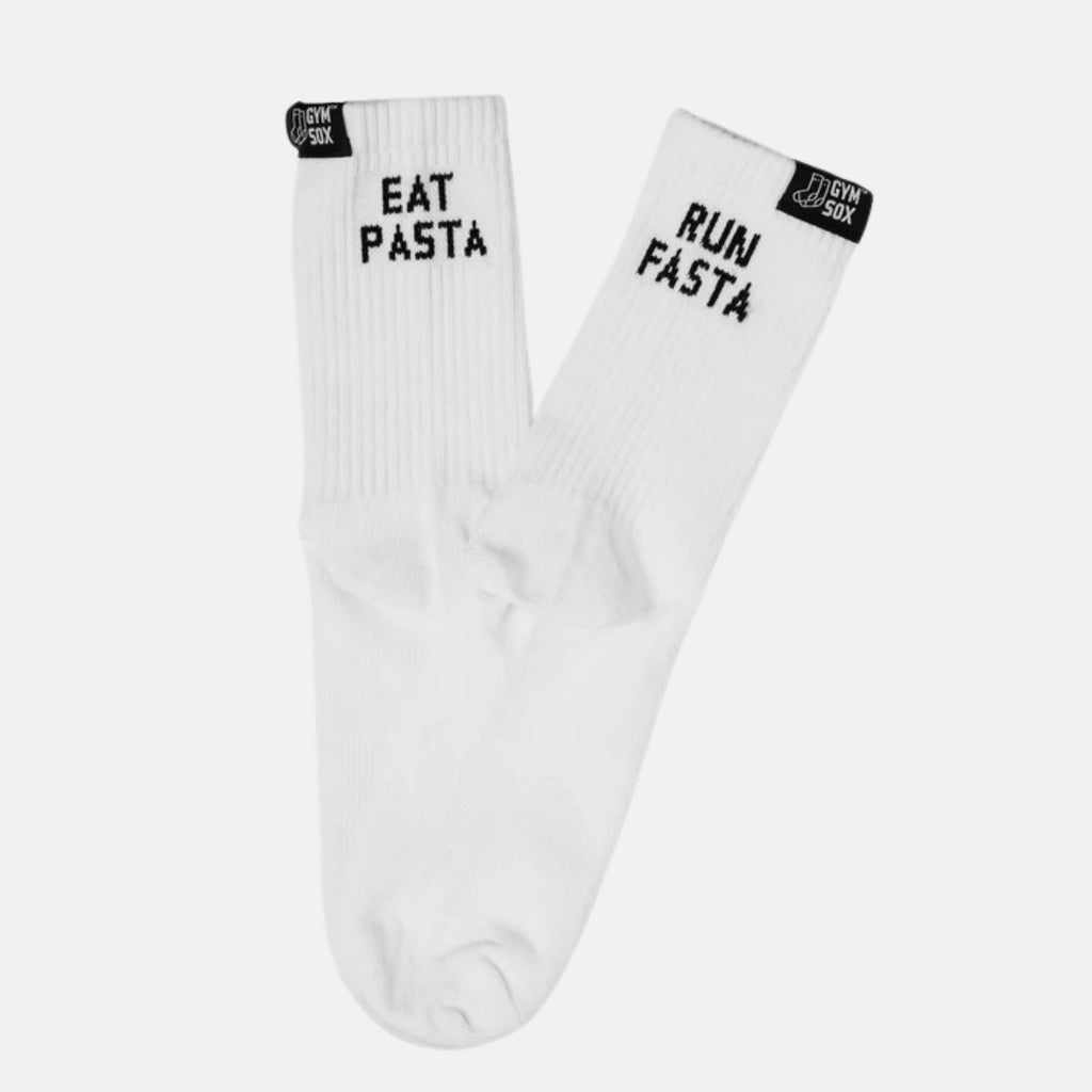 White socks with text 'Eat Pasta' and 'Run Fast' on a white background