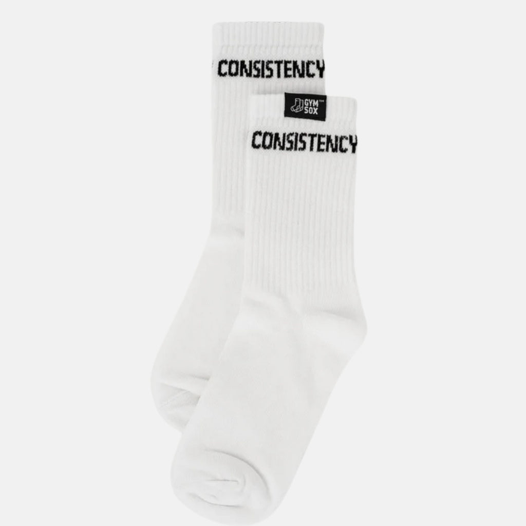 White socks with 'CONSISTENCY' text on a white background