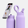Lilac Ringo 0.7L water bottle with a magnetic phone mount displaying a woman, alongside another Ringo bottle with an open lid.
