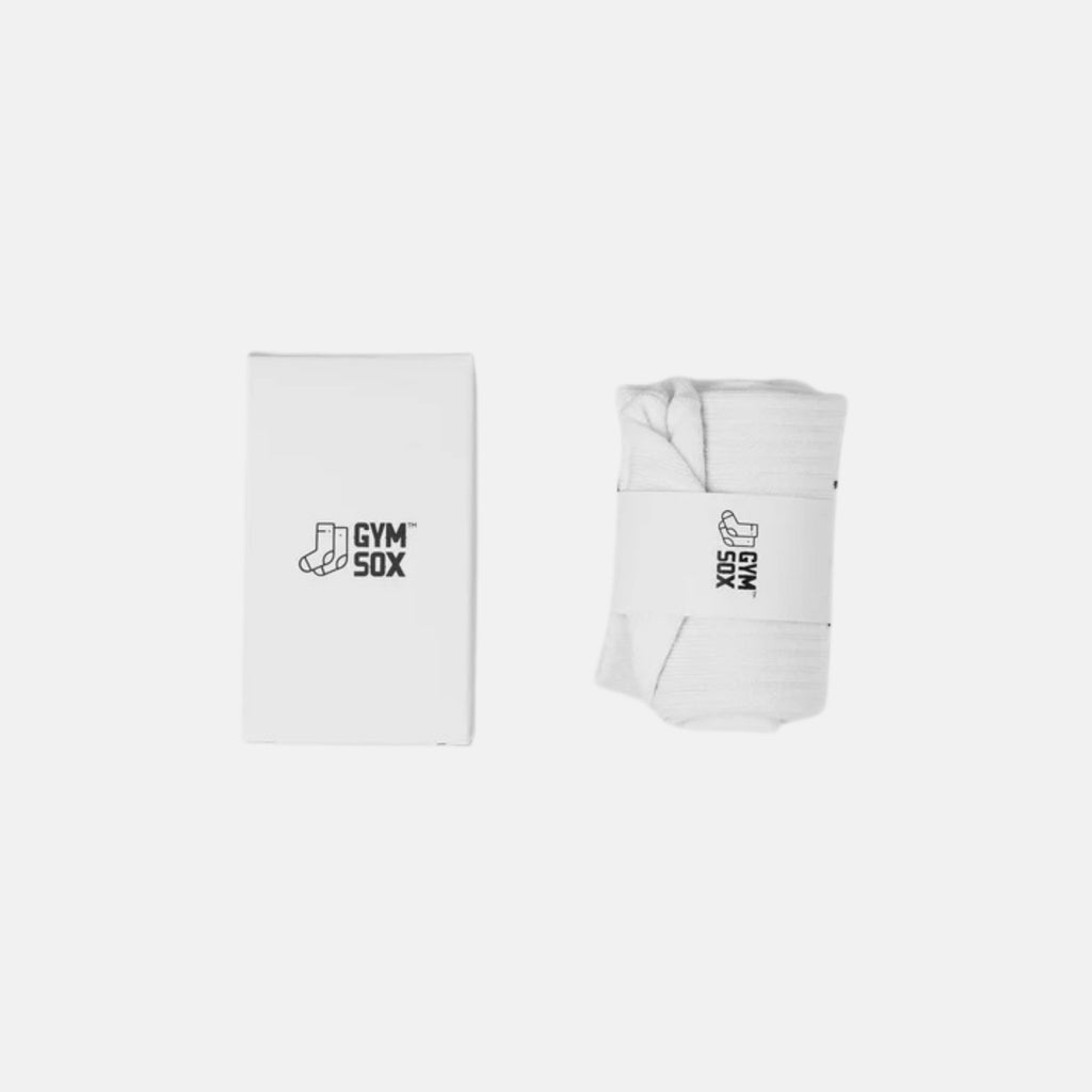 White gym socks with 'Gym Sox' logo on a white background