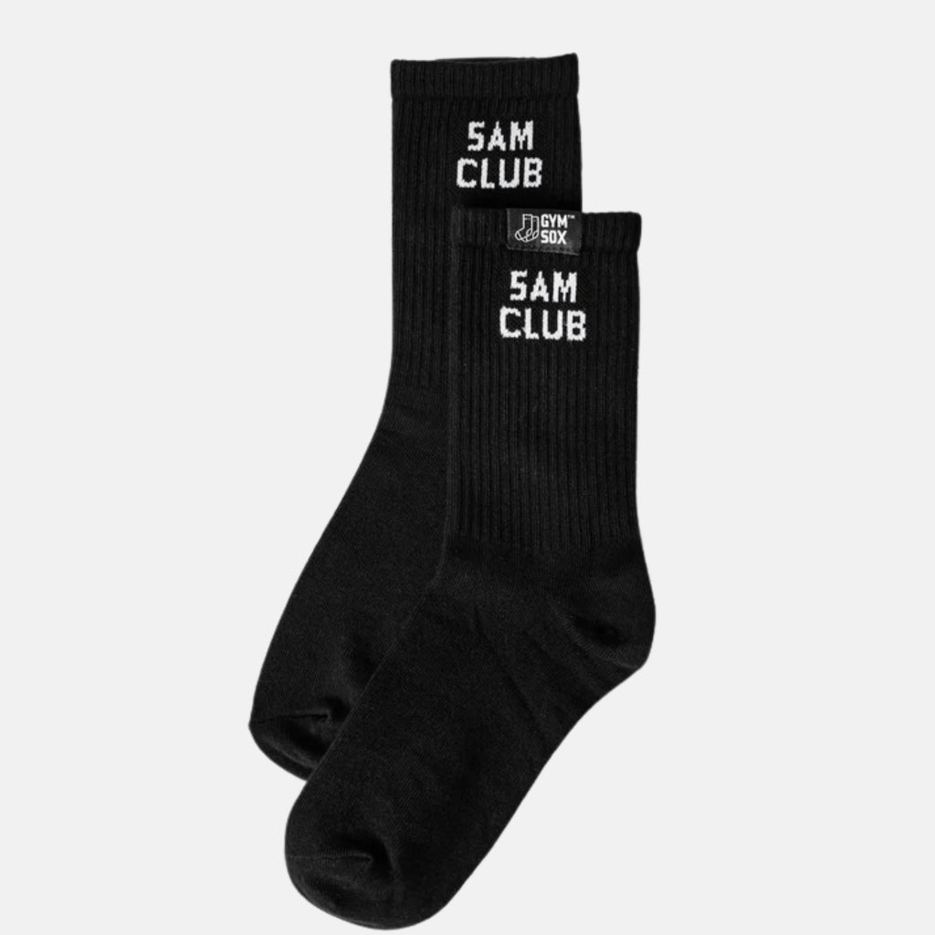 Black socks with 'SAM CLUB' text on a light gray background