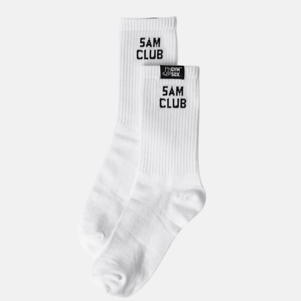 White socks with 'Sam Club' branding on a white background