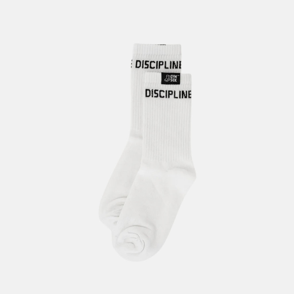 A pair of white crew socks with black text reading 'DISCIPLINE' on the cuffs, shown against a light gray background.