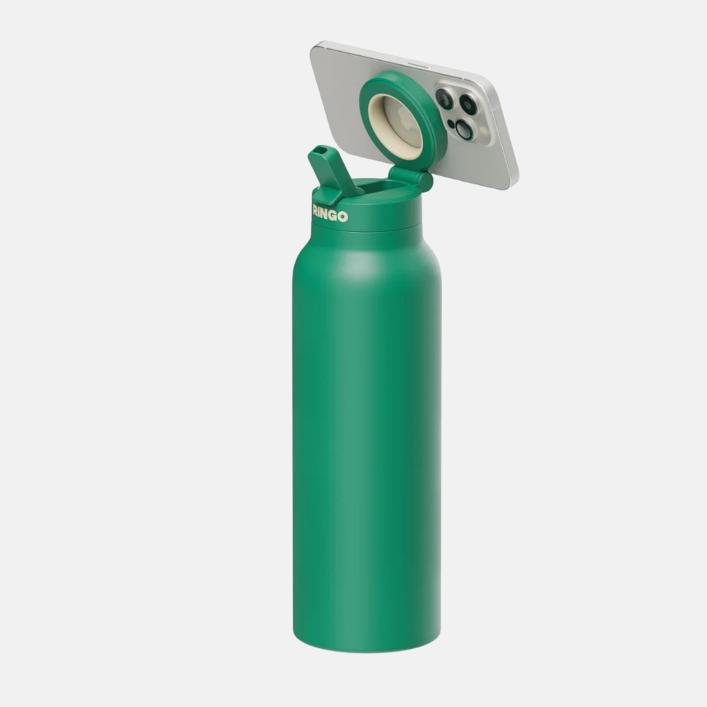 Green Ringo Water Bottle Pro 0.7L with phone magnetically attached, straw lid open.
