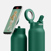 Green Ringo 0.7L water bottle with magnetic phone mount showing a workout video.