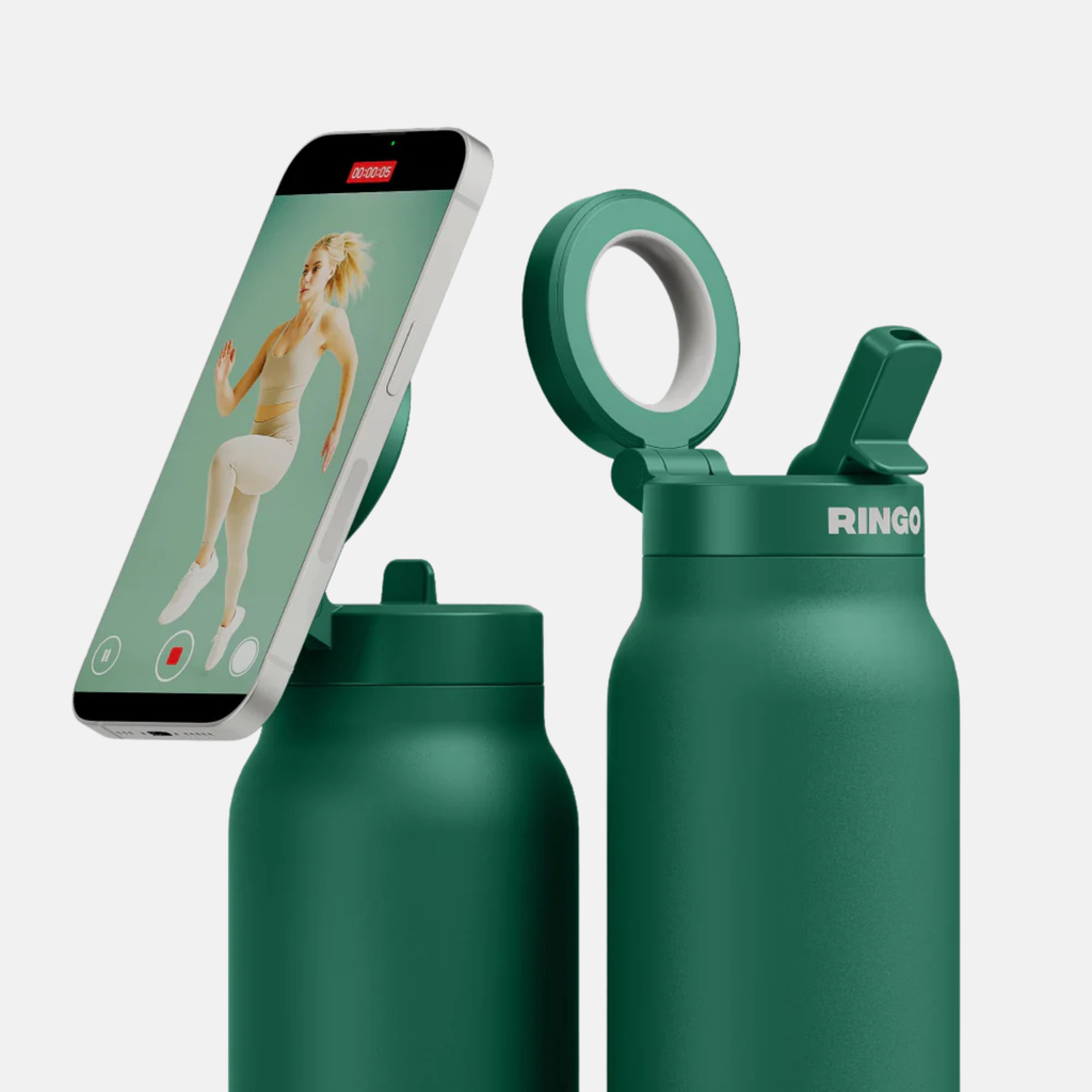Green Ringo 0.7L water bottle with magnetic phone mount showing a workout video.