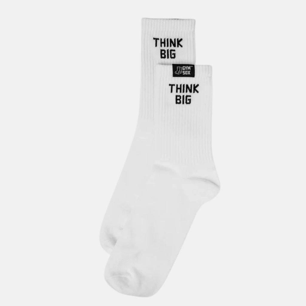 White socks with 'Think Big' text on a white background