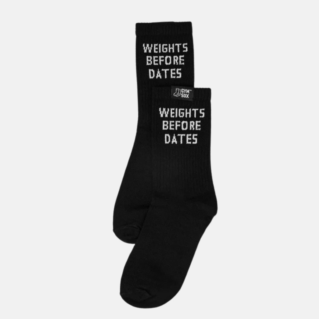Black socks with 'Weights Before Dates' text on a white background