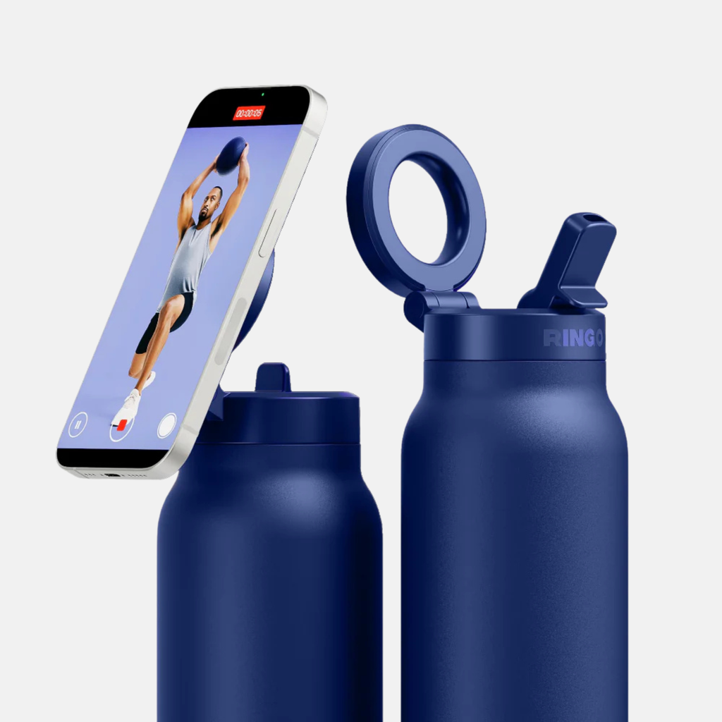 Blue 0.7L Ringo water bottle with magnetic phone holder showing a workout video.