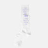 White socks with purple text on a white background