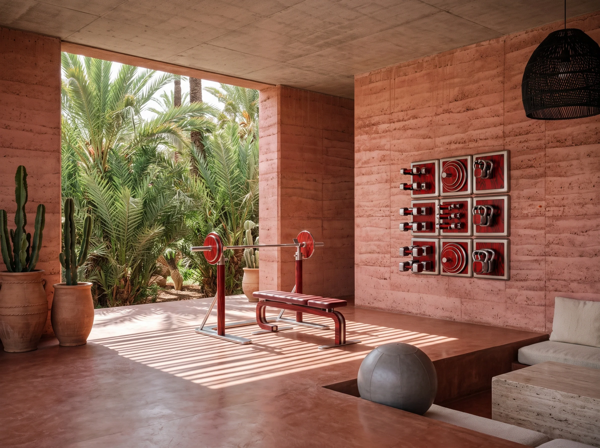 A modern terracotta-walled interior with a red metal weight bench and barbell setup in the center, large potted cacti, a concrete ceiling, and an open view of tropical palm foliage outside.