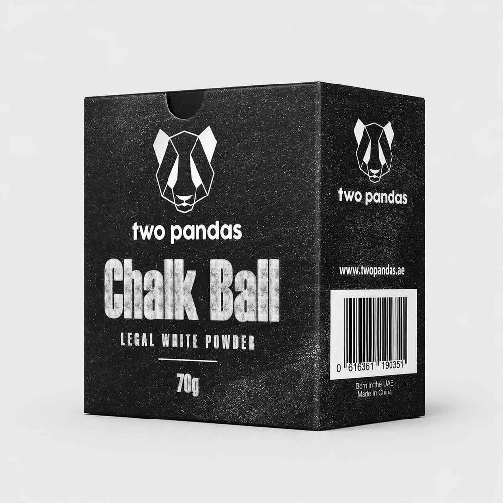 Black box of 'two pandas Chalk Ball' with brand logo and product details on a white background