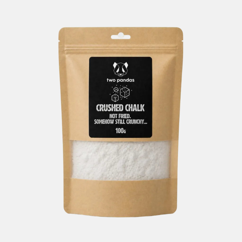 Kraft paper packaging of crushed chalk with 'two pandas' branding on a white background