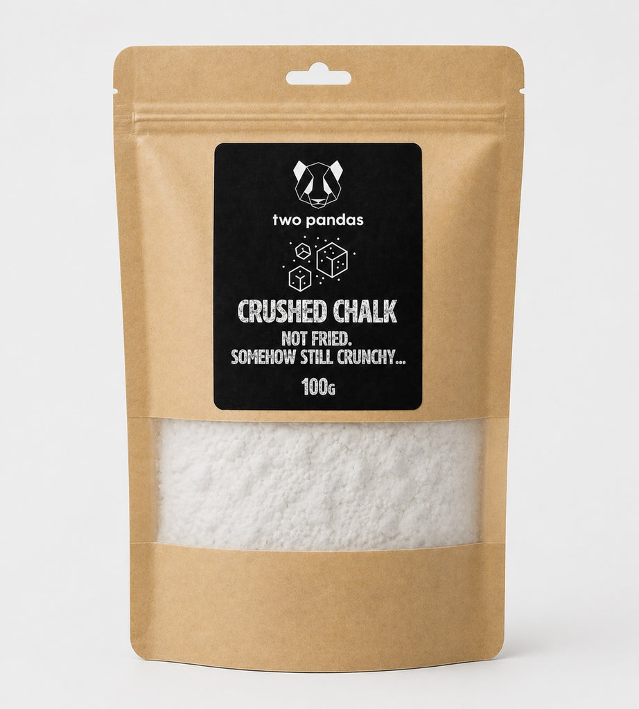 Kraft paper packaging of crushed chalk with 'two pandas' branding on a white background