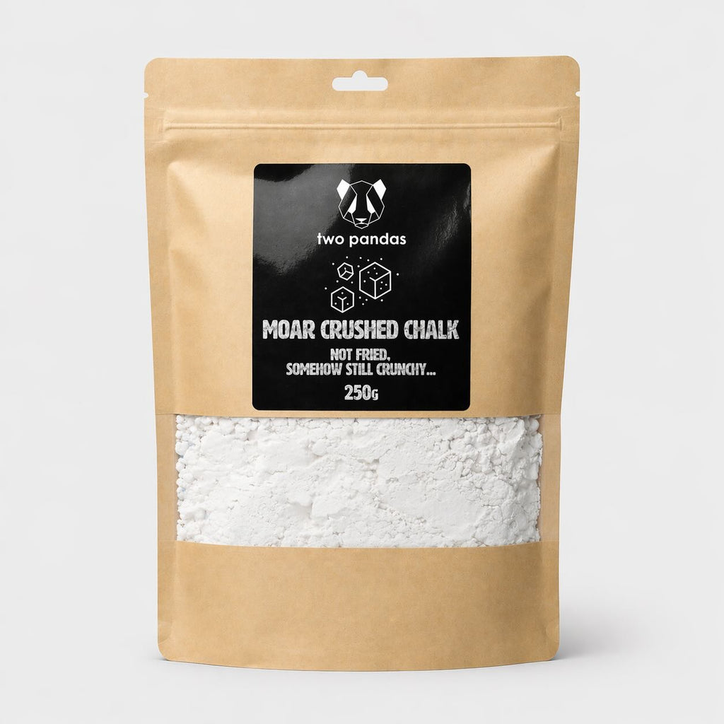 Package of 'Moar Crushed Chalk' by two pandas with a clear window showing the white powder inside.