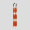Orange resistance band with black carabiner on a light gray background