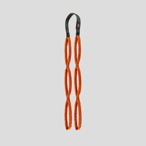 Orange resistance band with black carabiner on a light gray background
