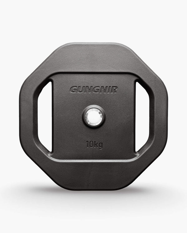 Black weight plate with 'GUNGNIR' branding and '10kg' marking on a white background