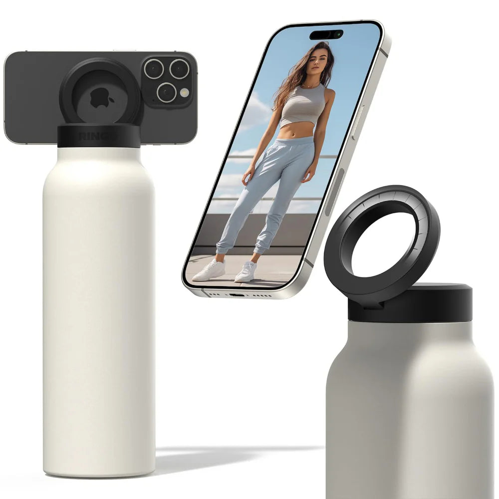 White water bottle with black cap, smartphone displaying a person, and additional black cap on a white background