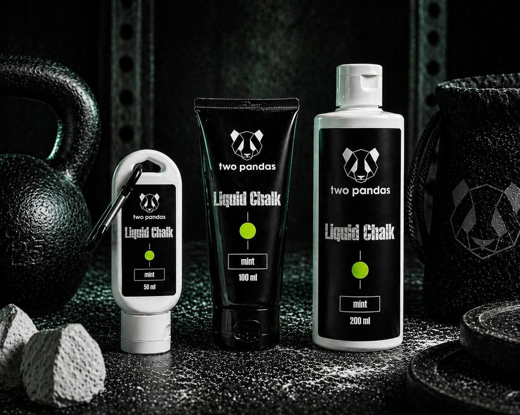 Two Pandas liquid mint scented chalk products with gym equipment in the background