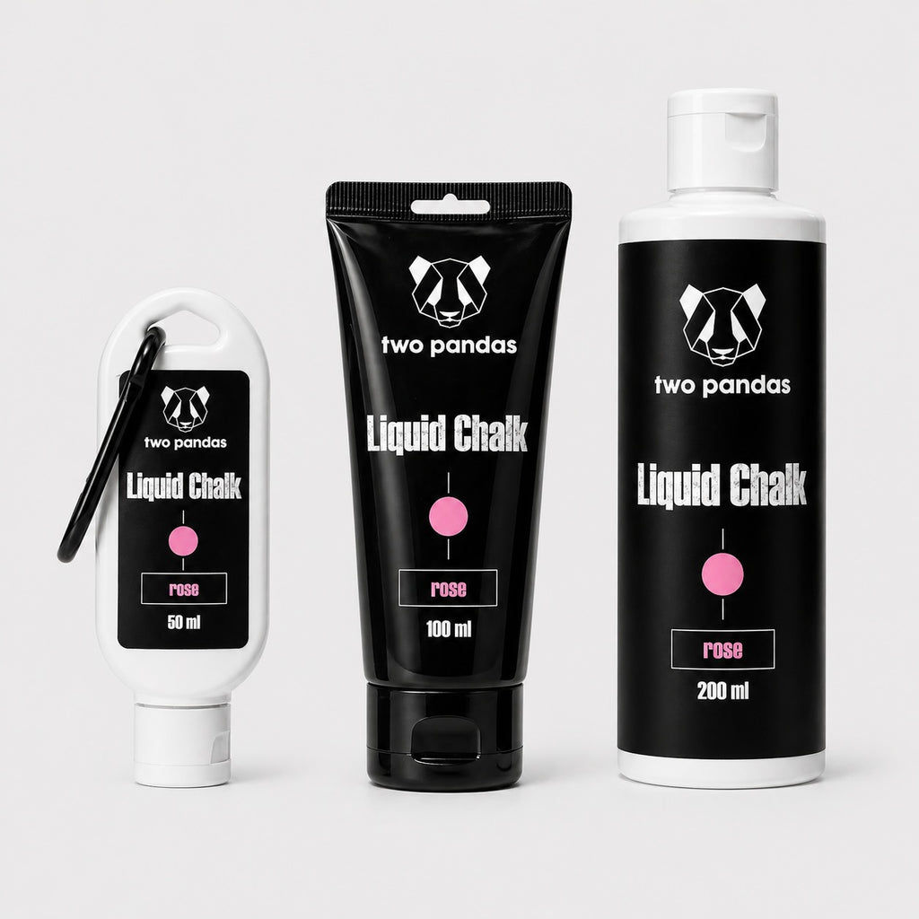 Three containers of two pandas liquid rose scented chalk on a light gray background
