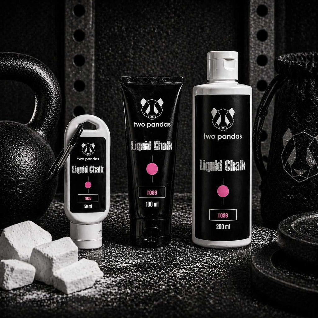Two Pandas Liquid Rose Scented Chalk products on a black background with gym equipment.