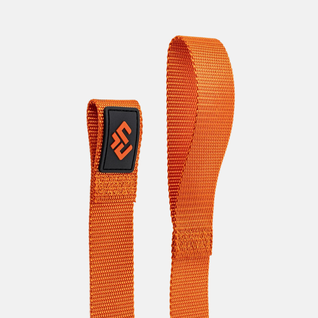 Orange strap with a black logo on a light gray background
