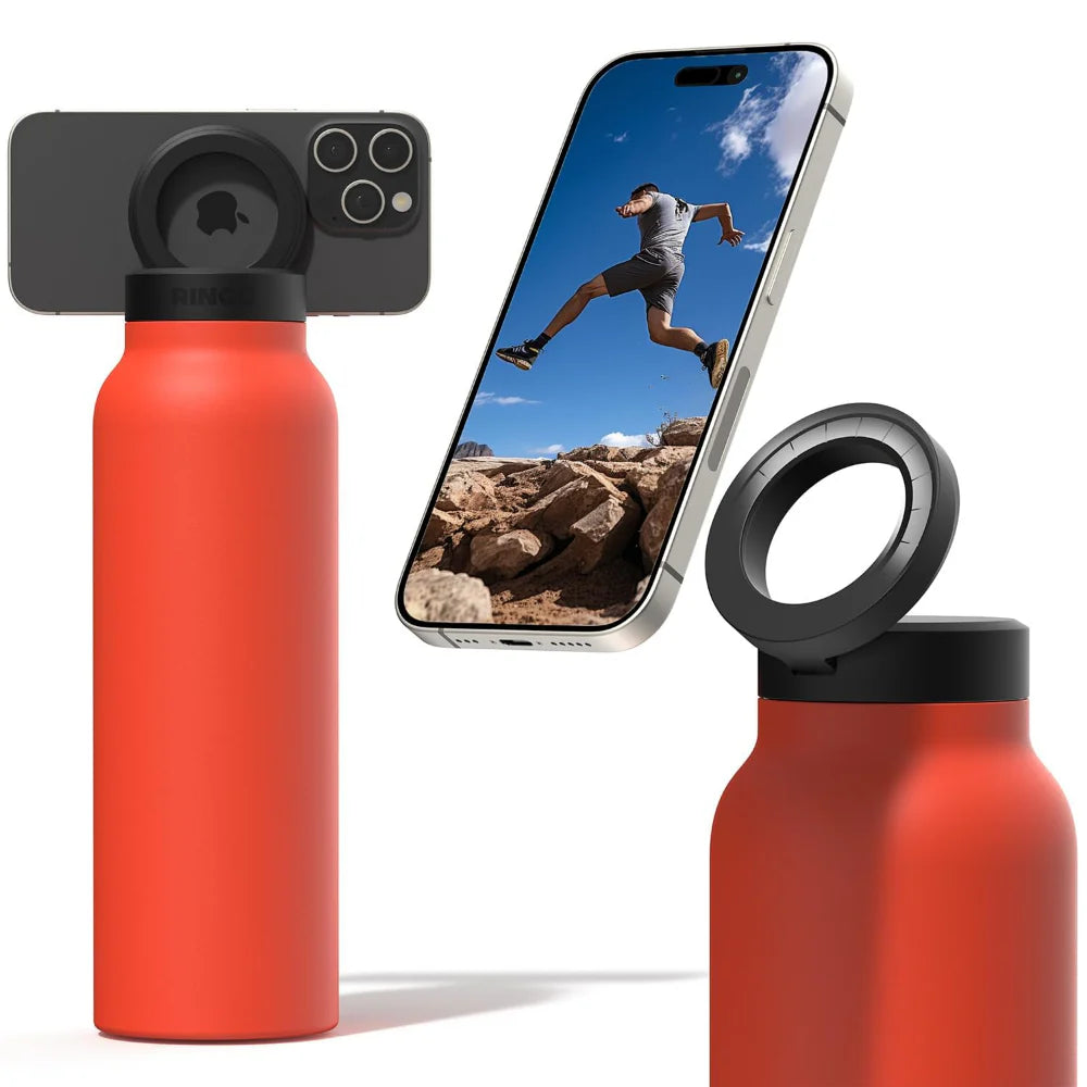 Red water bottle with black cap, smartphone displaying a person running, and another red water bottle with black cap on a white background.