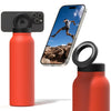 Red water bottle with black cap, smartphone displaying a person running, and another red water bottle with black cap on a white background.