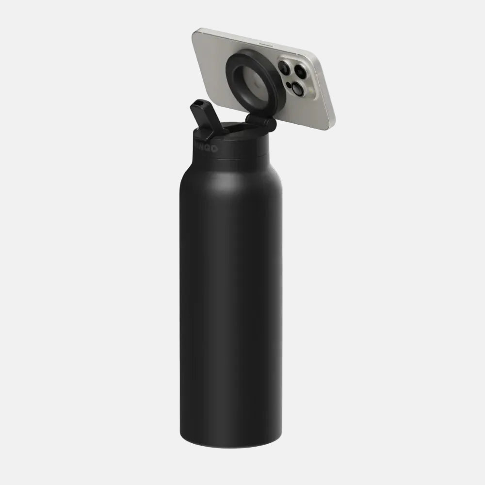 A matte black insulated bottle with a flip-up lid and an attached smartphone camera lens cover, shown on a plain white background.