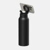 A matte black insulated bottle with a flip-up lid and an attached smartphone camera lens cover, shown on a plain white background.