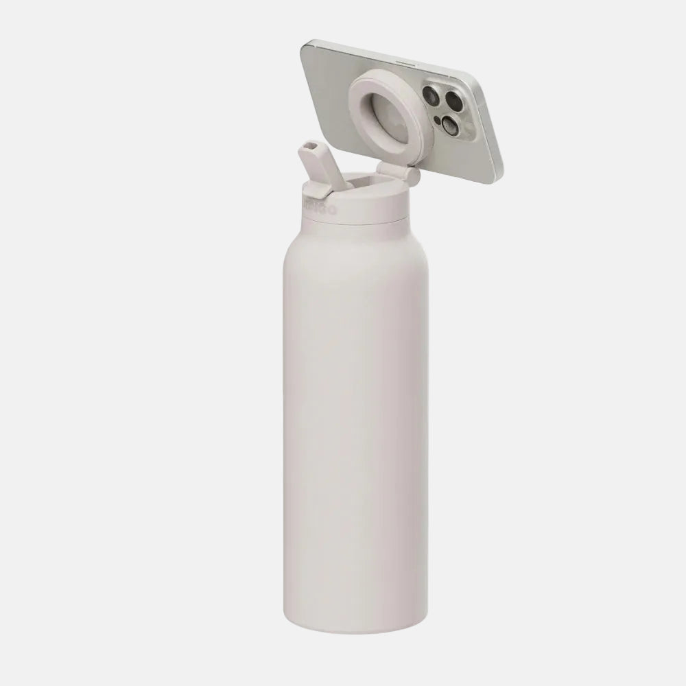 White water bottle with a smartphone holder on a white background