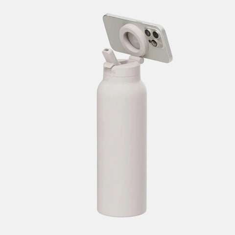 White water bottle with a smartphone holder on a white background