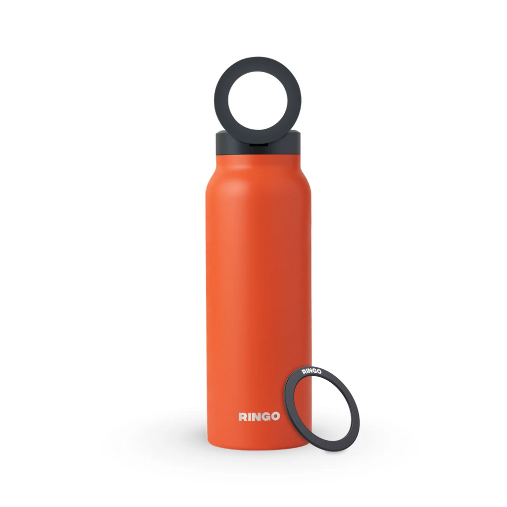Orange water bottle with black lid and base on a white background