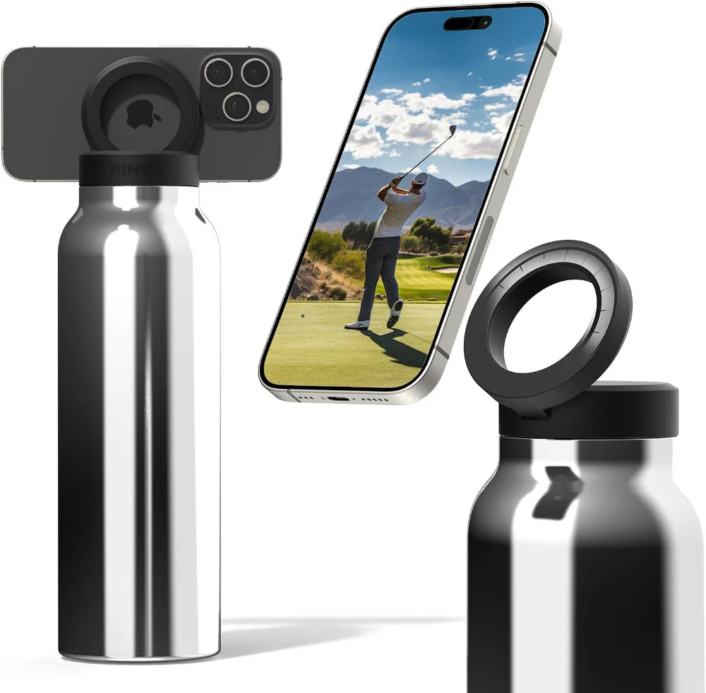 Silver water bottle with black cap, smartphone displaying a golf scene, and additional black cap on a white background.