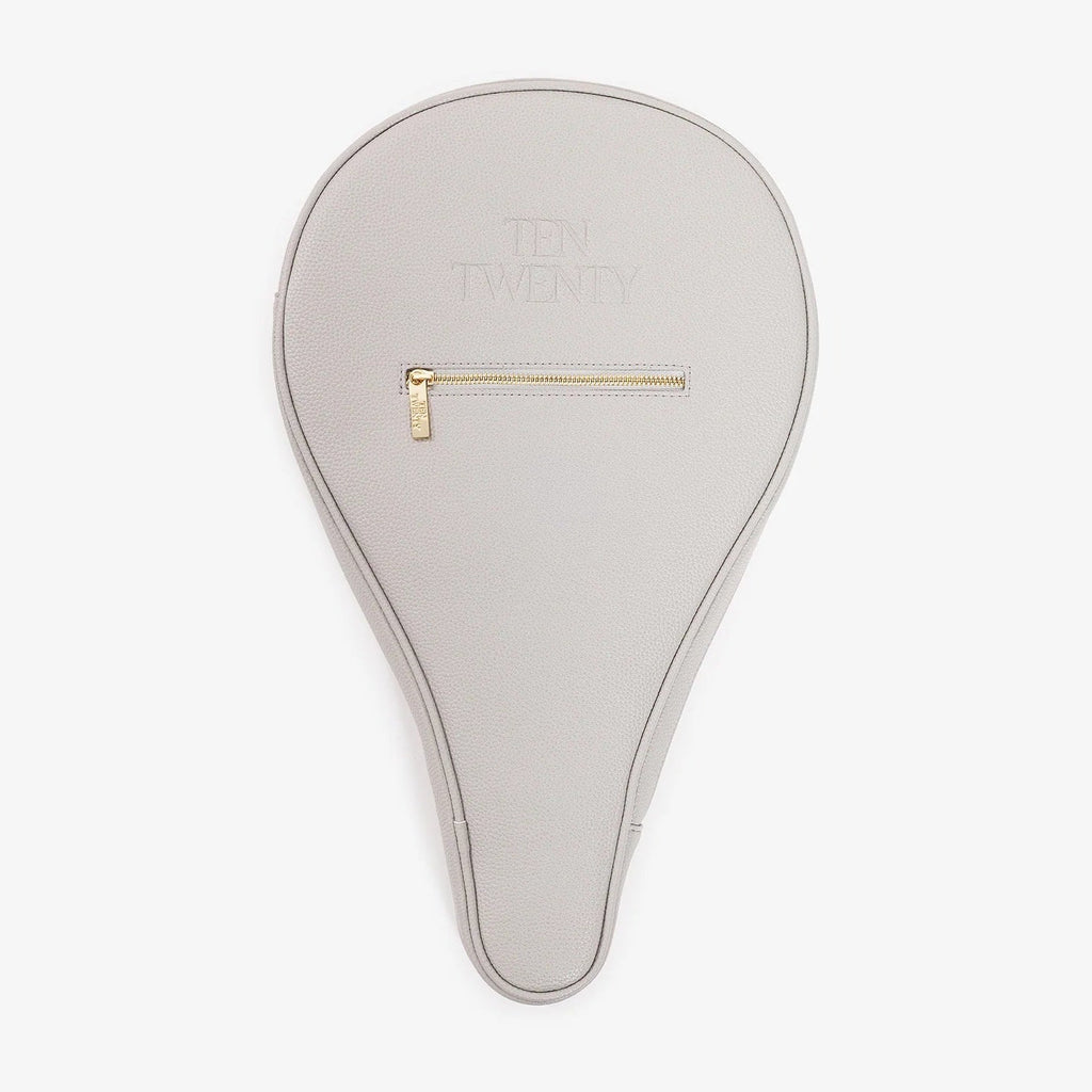 Gray padel bag with a gold zipper on a white background
